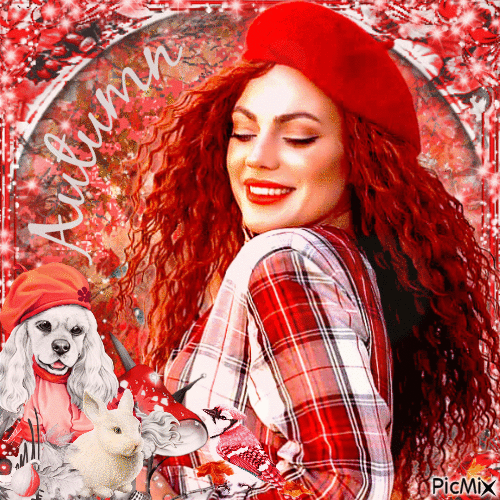 Red-haired woman at fall with a beret - GIF เคลื่อนไหวฟรี