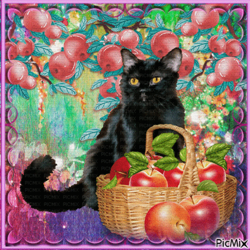 Gatto nero con frutta - Nemokamas animacinis gif