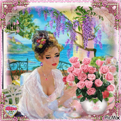 Femme avec des roses roses - Darmowy animowany GIF