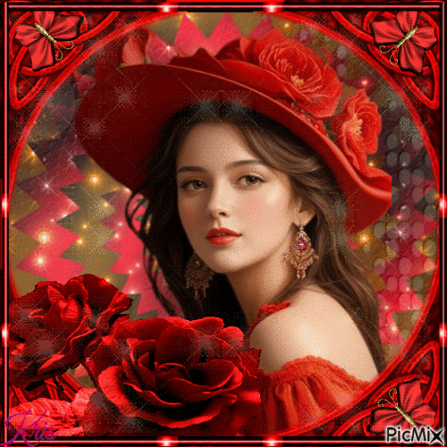 Femme avec un chapeau et une rose - GIF animado gratis