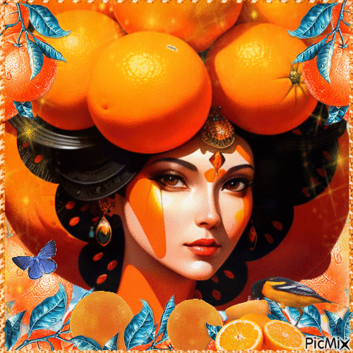 Woman with oranges and a touch of blue - Gratis geanimeerde GIF