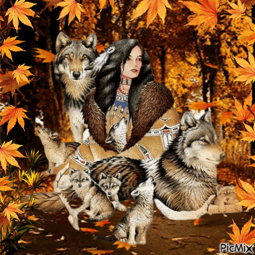 Manada de lobos en otoño - Бесплатный анимированный гифка