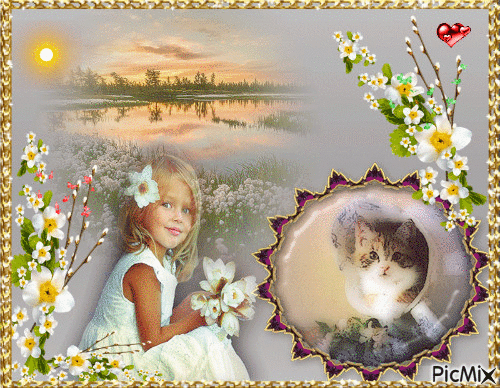 Petite fille et le chat - Безплатен анимиран GIF