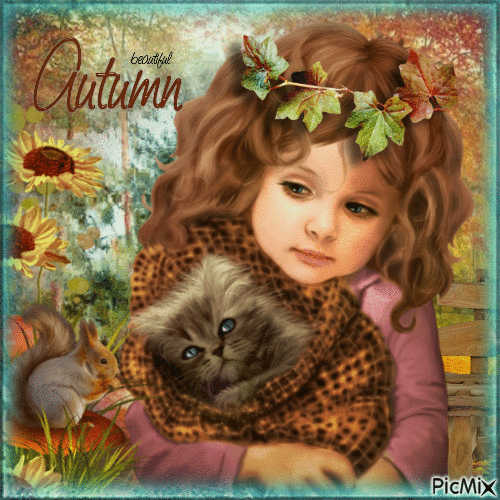 Little girl in autumn - GIF animé gratuit