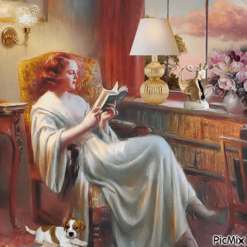 Lesende Frau sitzt am Fenster - GIF animé gratuit