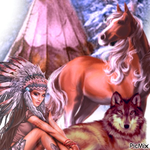 indian lady wolf horse - PNG gratuit