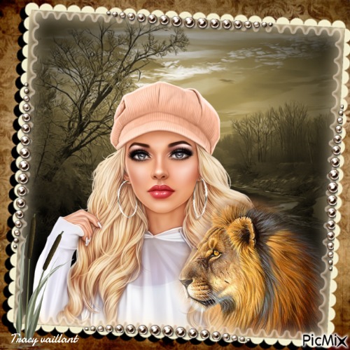 Portrait of a woman with a lion - gratis png