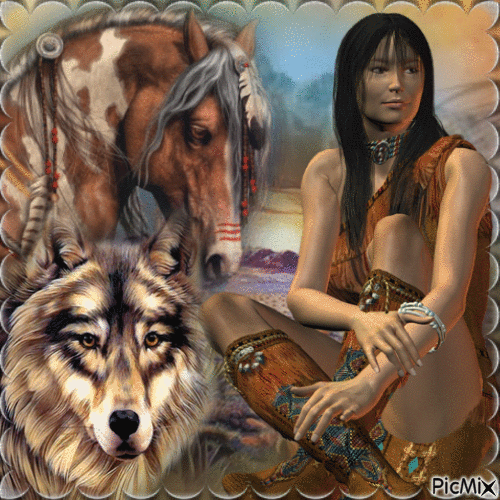 Concours : Amérindienne, loup et cheval - Бесплатный анимированный гифка