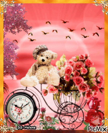 Bear on bike wih flowers. - Безплатен анимиран GIF