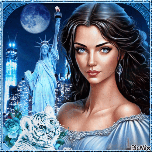 Woman in navy blue, in the city, in the moonlight - GIF animado gratis
