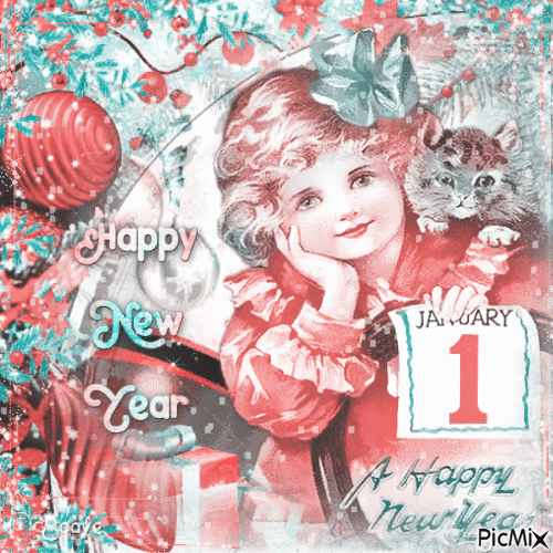 Happy New Year vintage girl  cat PT - Free animated GIF