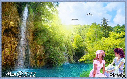 kvinnor vid vattenfallet - Darmowy animowany GIF