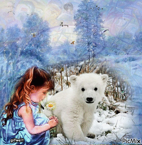 Girl with polar bear - Безплатен анимиран GIF