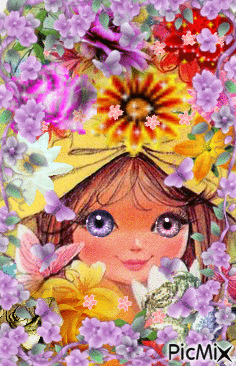 PRETTY GIRL COVERED IN ANIMATED FLOWERS, EXCEPT HER FACE, PRETTY. - Безплатен анимиран GIF