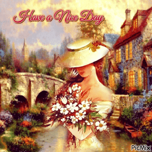 Have a Nice Day Vintage Girl with Flowers - Бесплатни анимирани ГИФ