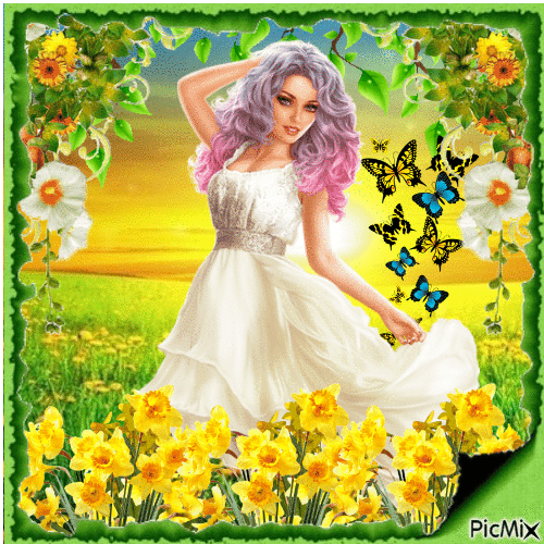 woman with daffodils - GIF เคลื่อนไหวฟรี
