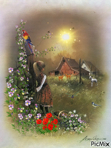 A GIRL STANDING BY AN OLD FENCE POST, FLOWERS BLOWING IN THE WIND, A BIG PARROT ON TOP THE POST. 2 SHEEP AND A HORSE, BIRDS AND A BRIGHT SUN - GIF animado gratis