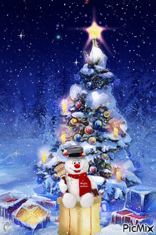 Tree and Snowman - Free animated GIF