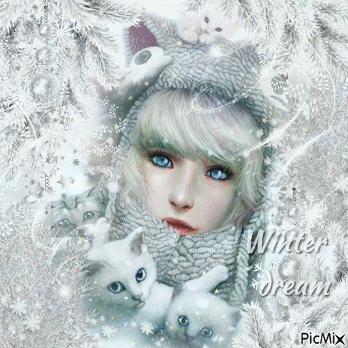 winter dreams with white cats - Бесплатни анимирани ГИФ