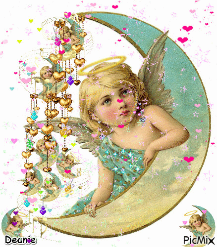 Angel in Quarter Moon with Wind Chimes (Vintage) - Bezmaksas animēts GIF