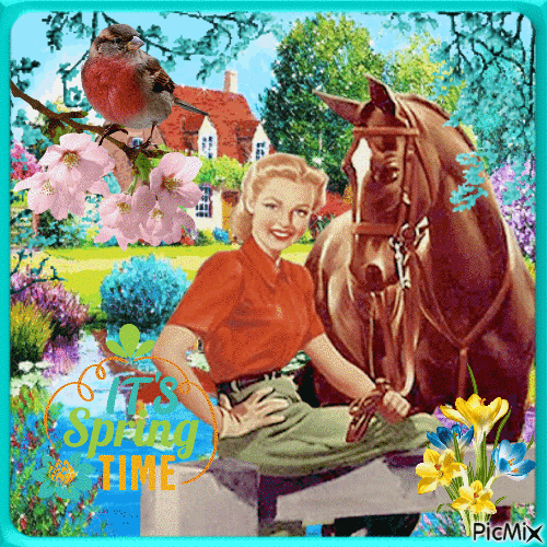 Woman and her horse at spring - GIF animé gratuit