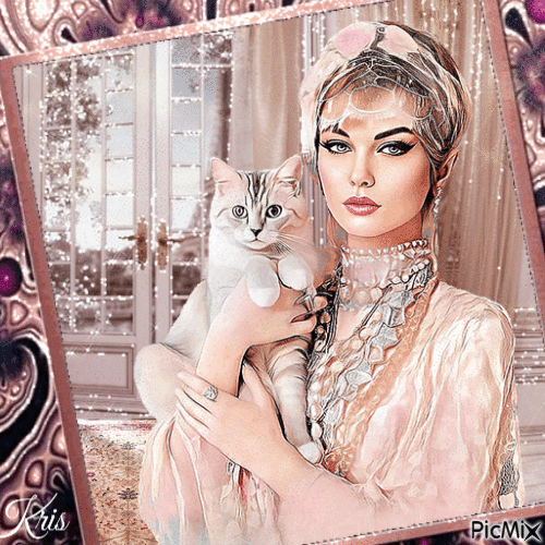 Une femme avec son chat - Δωρεάν κινούμενο GIF