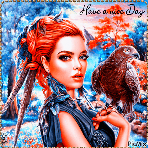 Have a Nice Day. Woman with an eagle - GIF animé gratuit