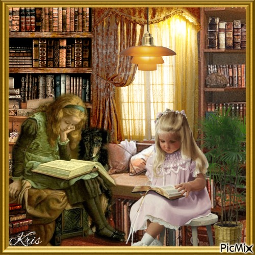 Deux enfants dans une bibliothèque - kostenlos png