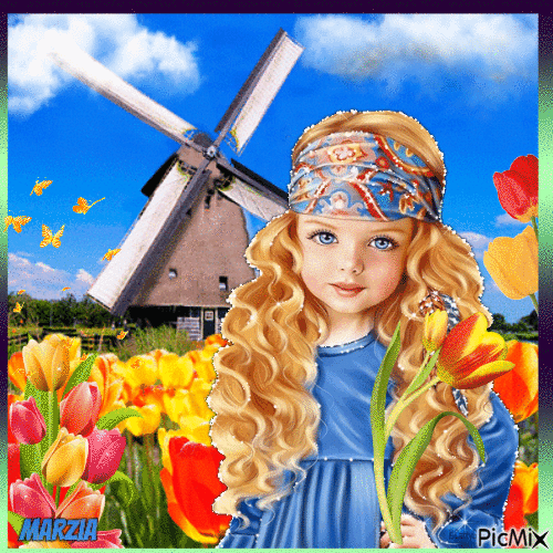 ragazza con tulipani - Безплатен анимиран GIF
