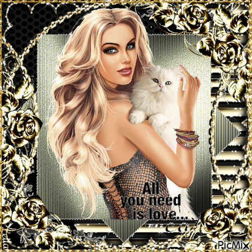 All you need is Love. Woman, cat, black, gold - Free animated GIF