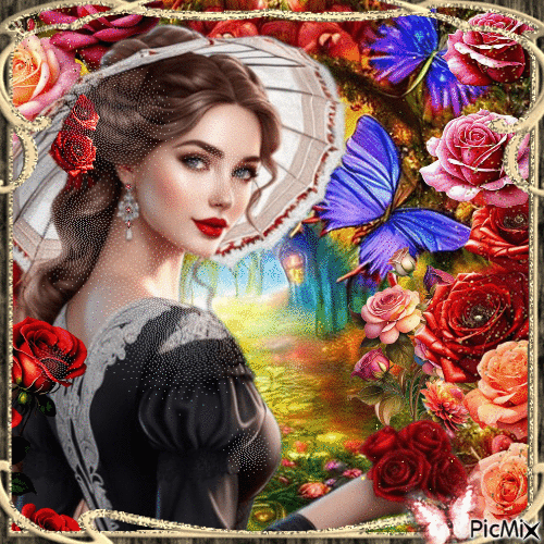Mujer bella entre rosas - Бесплатный анимированный гифка