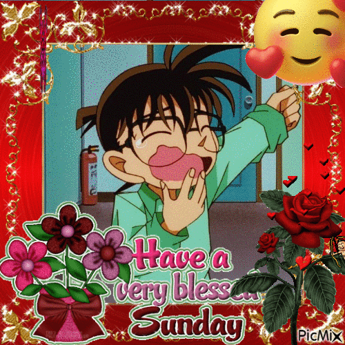 Conan Edogawa Blessed Sunday Greeting Card Cute Funny - Безплатен анимиран GIF