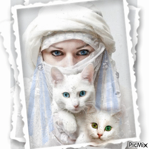 Jeune femme en hiver avec des chats - GIF animé gratuit