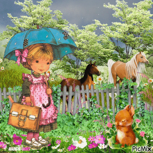 Cute -girl-animals-rain -flowers - GIF animé gratuit