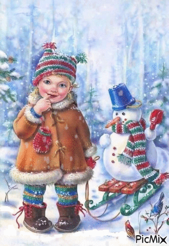 Little Girl and Snowman - Gratis geanimeerde GIF