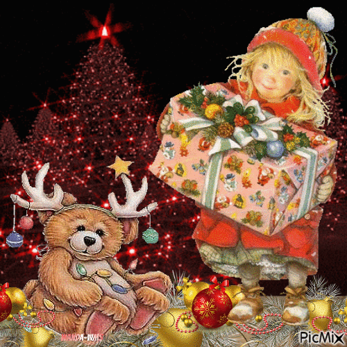 Christmas-girl-bears - Besplatni animirani GIF