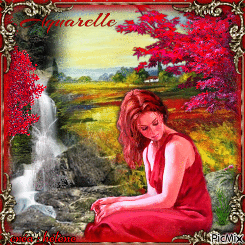 Aquarelle , femme en rouge - Безплатен анимиран GIF