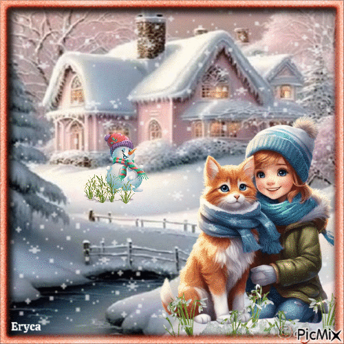 Enfant en hiver avec un chat - Безплатен анимиран GIF