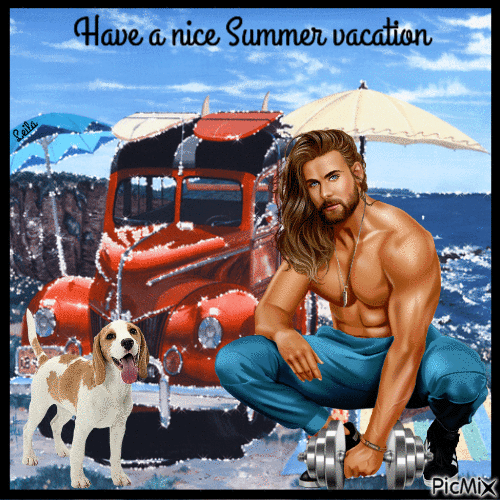 Have a nice Summer vacation. Man. Dog. - Gratis geanimeerde GIF