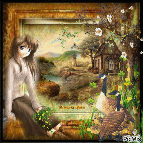 landscape with a girl and geese - Gratis geanimeerde GIF
