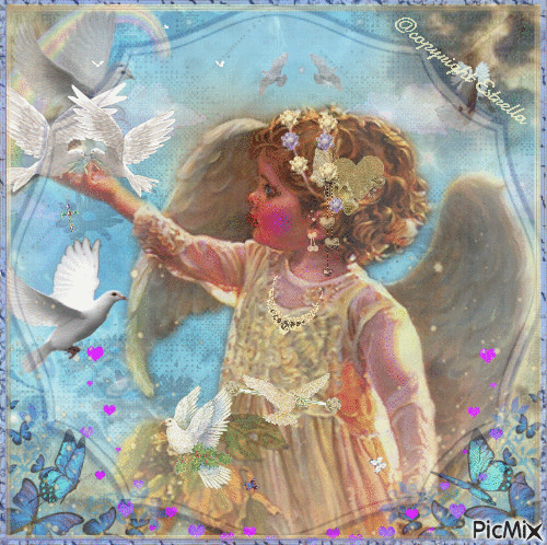 A baby angel and her pigeons - Free animated GIF
