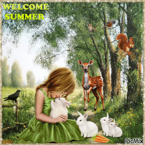Welcome Summer. Girl, birds, rabbits...