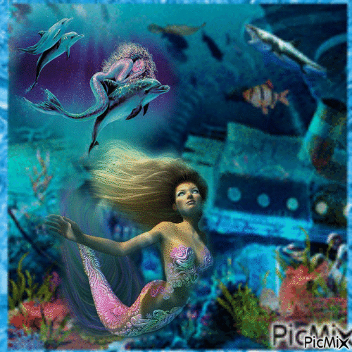 A sunken ship and a mermaid - GIF animado grátis