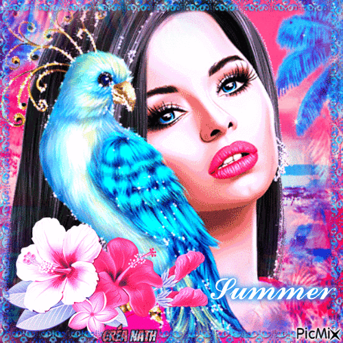 Portrait de femme en blue et rose - 免费动画 GIF