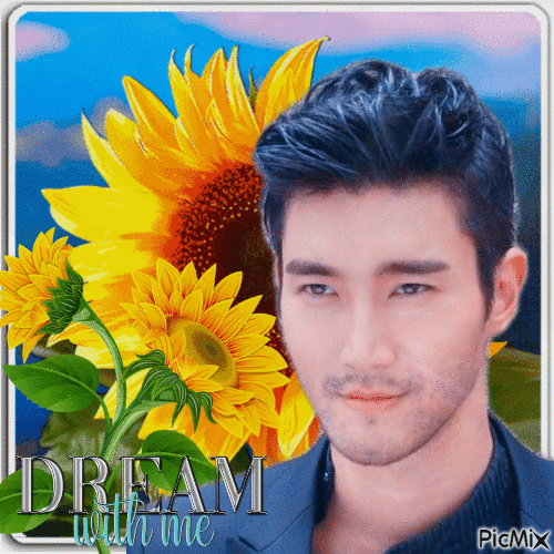 Asiatischer Mann mit Sonnenblumen - Ingyenes animált GIF