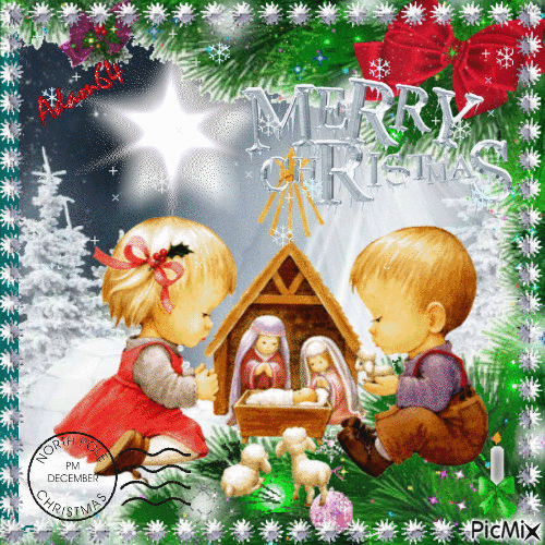 postcard  " merry Christmas "with children - Ingyenes animált GIF