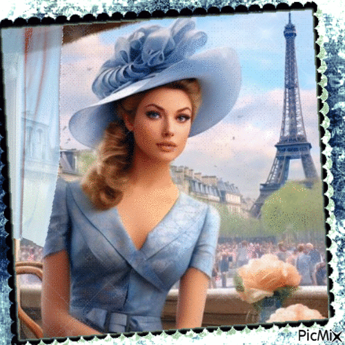 Mujer vintage en París - Fondo azul - Бесплатный анимированный гифка