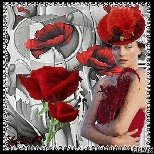 mujer de rojo  con sombreo rojo - Безплатен анимиран GIF