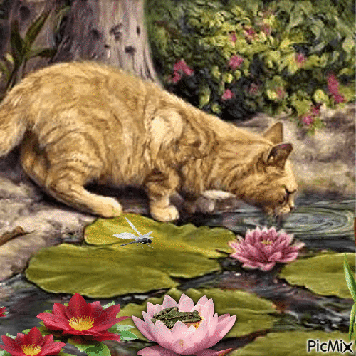 Eine Katze am Teich - GIF animé gratuit