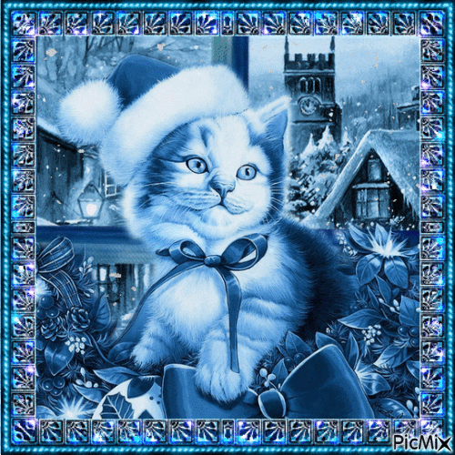 Weihnachtskatze in Blau - Безплатен анимиран GIF